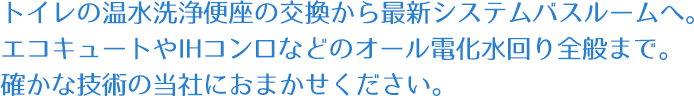 トイレの温水洗浄便座の交換から最新システムバスルームへ。エコキュートやIHコンロなどのオール電化水回り全般まで。確かな技術の当社におまかせください。